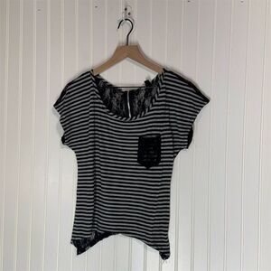 Charlotte Russe Lace Back Striped Tee S Grunge Y2K USA Made Black Gray Mesh
